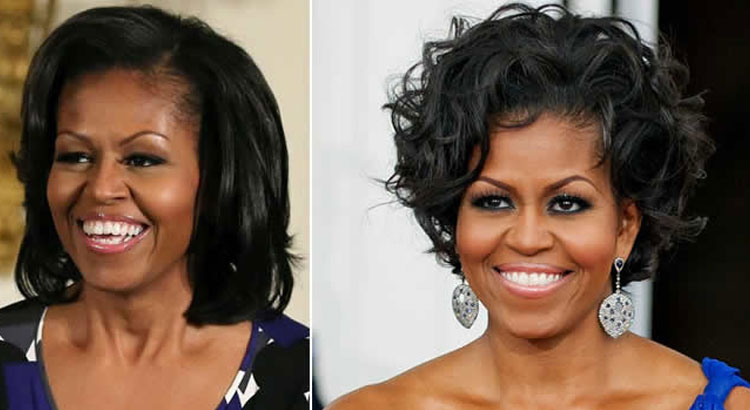 Do lado direito Michele Obama com os cabelos repicados e cacheados e do lado esquerdo Michele Obama com os fios repicados e lisos